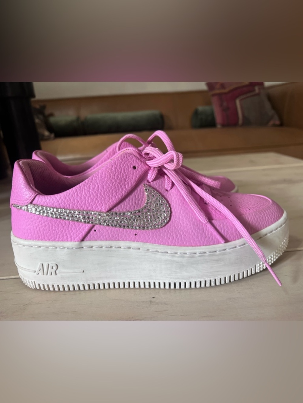 Custom Crystal Swoosh Nike Pink Leather Air Force 1 - Picture 4 of 8